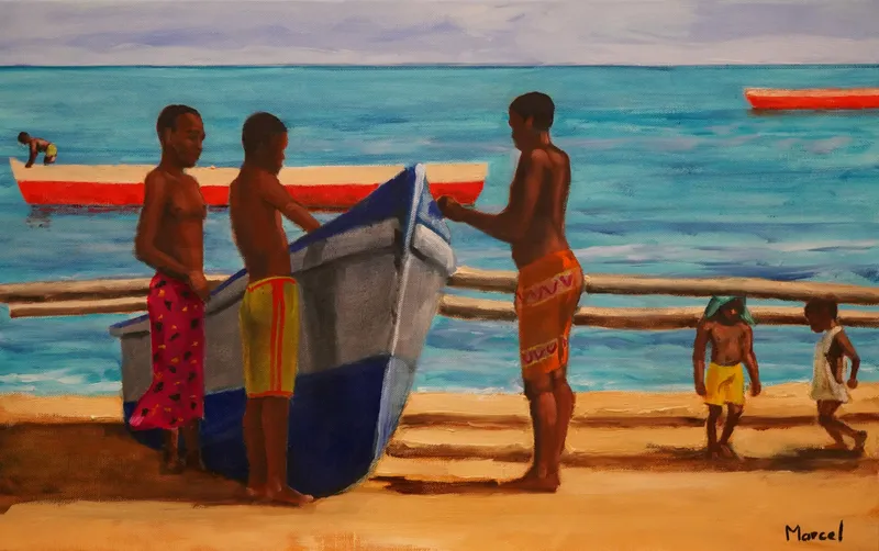51 pirogues et enfants sur la plage